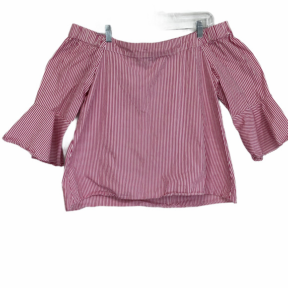Cupio Stripe Off-The-Shoulder Bell Sleeve Blouse L - Picture 2 of 5